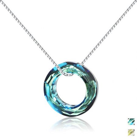 925 Sterling Silver Circle Swarovski Crystal Necklace - Elegant 925 sterling silver necklace featuring a stunning circular blue-green Swarovski crystal pendant on a white background.