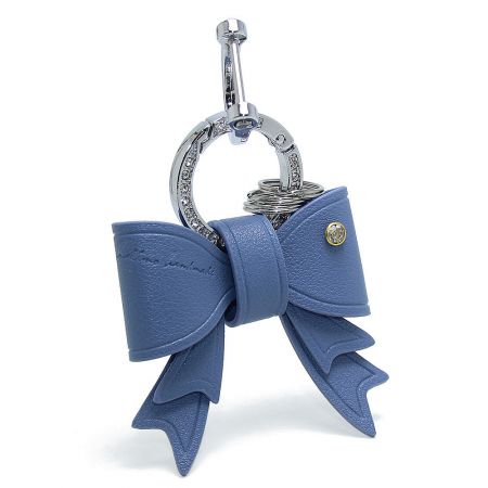 Chic blue PU leather bow keychain with a central rhinestone accent.