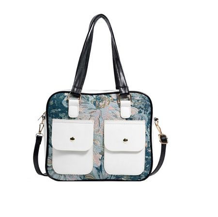 Lady Luxury Handbag - A stylish Lady Luxury Handbag in blue paisley print with white pockets, made from premium PU leather, offered by JR Fashion Accessories.