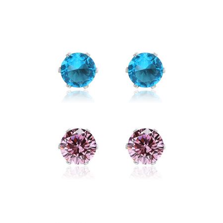 6mm Cubic Zirconia Earring Studs 2 in 1 - A set of 6mm cubic zirconia 2-in-1 stud earrings, featuring brilliant round-cut blue and pink gemstones in four-prong gold-plated settings.