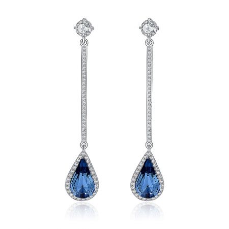 Chandelier Earrings Collection | Custom Design & Wholesale - A pair of luxurious chandelier earrings featuring teardrop-shaped blue sapphires surrounded by sparkling diamonds, set in silver. A prime example from JR Fashion Accessories' custom jewelry collection.