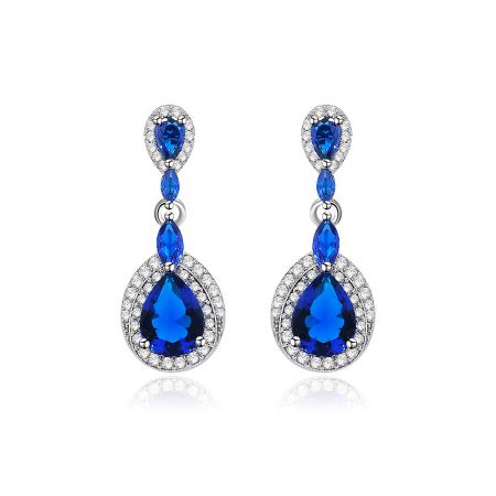 Tear Drop Pear Cubic Dangle Earrings - Tear Drop Pear Cubic Dangle Earrings featuring blue sapphire glass and white cubic zirconia in a rhodium-plated setting, shown against a white background.