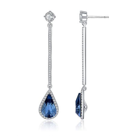 Side view of the vintage blue crystal drop earring showing the post-back closure and silver dangle design.