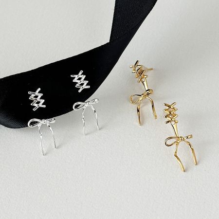 Wholesale Small 925 Sterling Silver Ballet Ribbon Bowknot Stud Earrings (5 Pairs) - A pair of silver and a pair of gold 925 sterling silver ballet ribbon bowknot stud earrings displayed on a white background, highlighting the elegant design for wholesale.