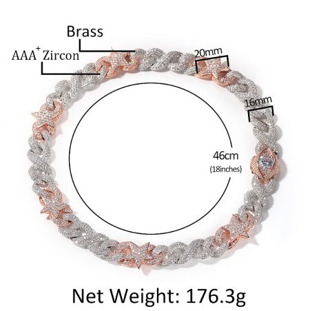 Detailed view of the hip hop choker showing its brass construction with AAA+ zircon stones and measurements.