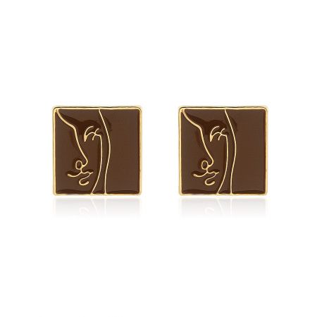 Enamel Brown Face Stud Earrings - A pair of Enamel Brown Face Stud Earrings with a unique gold-plated profile design on a white background.