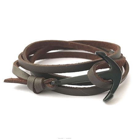 PU Leather Adjustable Bracelet For Men - PU leather adjustable bracelet for men, model Men-021, featuring a stylish brown leather band and a silver anchor clasp.