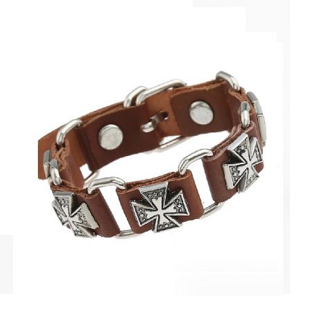 Stylish brown leather bracelet featuring silver cross-shaped decorations and metal accents.