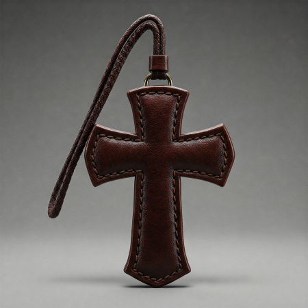 High-quality brown leather cross charm, perfect for personalization.