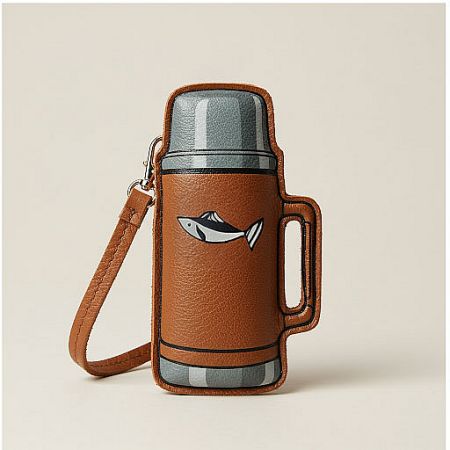 Close-up of a unique brown leather thermos charm with an embossed fish design.