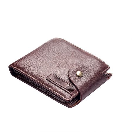 Close-up of a custom brown leather wallet with a secure snap closure.