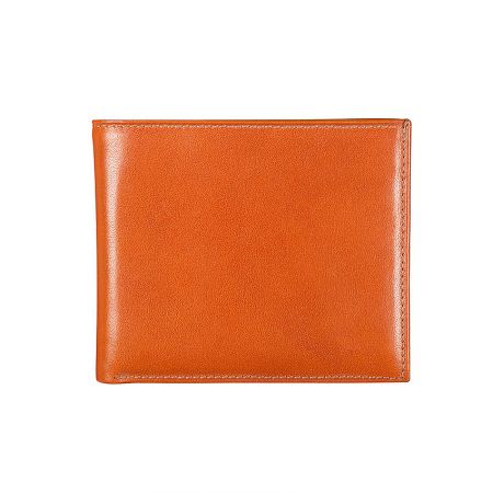 A modern burnt orange leather wallet with fine stitching, ideal for custom branding.