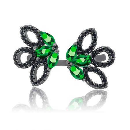 Emerald Hematite Filigree Cocktail Ring - A detailed front view of the Emerald Hematite Filigree Cocktail Ring, showcasing its intricate butterfly design with vibrant green gemstones and sparkling cubic zirconia accents on a hematite-plated brass band.