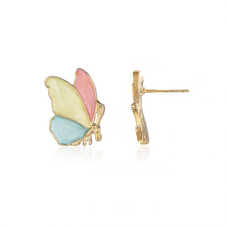 Close-up view of the enamel butterfly stud earrings showcasing the pastel colors and gold accents.