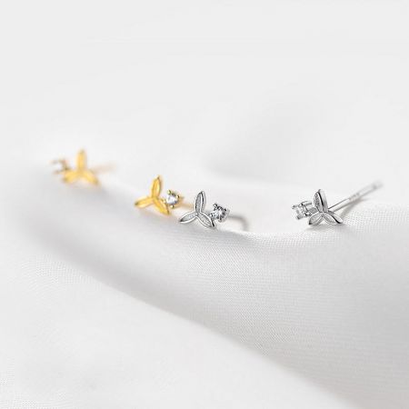Silver 925 Tiny Zircon Flower Stud Earrings (5 Pairs Set) - A set of 925 sterling silver tiny zircon flower stud earrings in silver and gold finishes, displayed on a neutral background.
