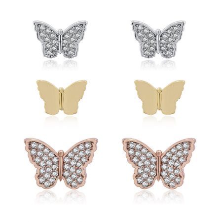 Set Of 3 Pairs Mini Butterfly Stud Earrings - A set of three pairs of mini butterfly stud earrings in rhodium, gold, and rose gold plating, displayed on a clean white background.