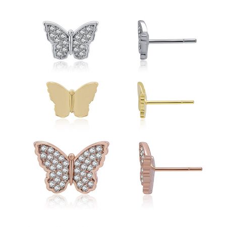 Detailed view of the three-tone butterfly stud earrings set, highlighting the cubic zirconia stones.