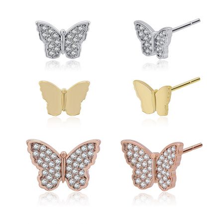All six butterfly earrings from the set shown together, showcasing the different sizes and finishes.