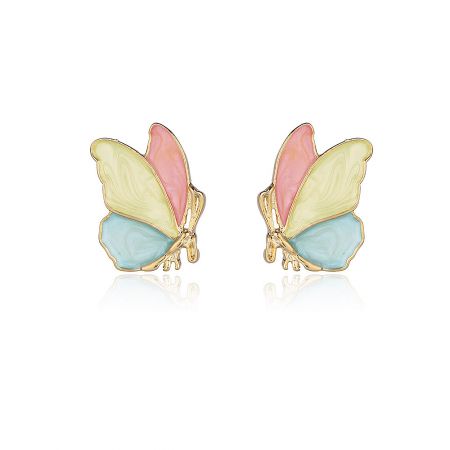 Enamel Colorful Butterfly Earrings Studs - A pair of Enamel Colorful Butterfly Earrings Studs with pink, yellow, and blue wings, gold outlines, and surgical post closures.