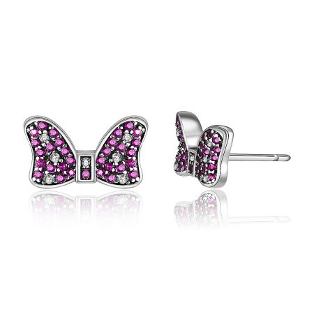 Front and back view of the sterling silver pink bow stud earring, displaying the post closure.