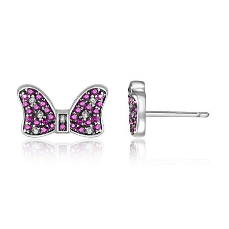 Close-up view of the pink bow stud earring showcasing the pink and white cubic zirconia stones.
