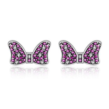 Silver Cubic Zirconia Pink Bow Stud Earring - A pair of Silver Cubic Zirconia Pink Bow Stud Earrings, shaped like butterflies with vibrant pink, purple, and clear gemstones on a sterling silver base.