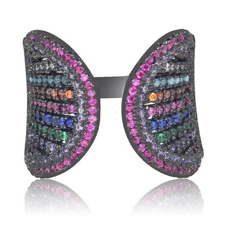 Side view of the Summer Dazzle ring, highlighting the intricate setting of the multi-colored gemstones.