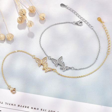 Dancing Butterfly Zircon Gold and Silver Bracelet Set of 5 - A pair of Dancing Butterfly Zircon Bracelets in both stunning gold and elegant silver finishes, showcasing the intricate butterfly design.