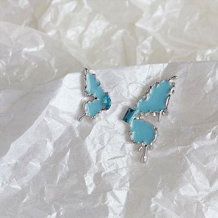 Silver Plated Blue Enamel with Zircon Stone Asymmetrical Butterfly Stud Earrings (5 Pairs) - A pair of silver-plated, butterfly-shaped stud earrings with delicate light blue enamel and sparkling zircon stone accents.