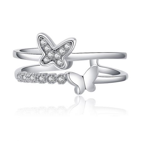 Glittering Double Butterfly Ring - The Glittering Double Butterfly Ring featuring two butterfly designs, one encrusted with cubic zirconia gemstones, on a white background.