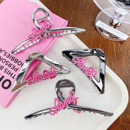 A collection of stylish metal hair clips with brand-inspired lettering.