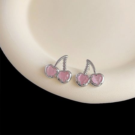 Silver Plated Pink Glass Opal Stone Cherry Stud Earrings (5 pairs) - A close-up of the silver-plated cherry stud earrings, featuring delicate stems and vibrant pink glass opal stone hearts.
