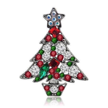 Black Hematite Plated Detailed Crystal Christmas Tree Brooch - A detailed vintage Christmas tree brooch with black hematite plating, adorned with sparkling multicolored crystals in red, green, and white, and topped with a star.