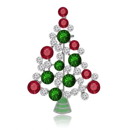 Festive Christmas tree brooch decorated with red, green, and clear gemstones, perfect for the holidays.