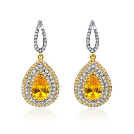 Enticing Bright Yellow Topaz Drop Earrings - A pair of Enticing Bright Yellow Topaz Drop Earrings, featuring a teardrop-shaped yellow gemstone surrounded by smaller clear stones, crafted with two-tone rhodium and gold plating.