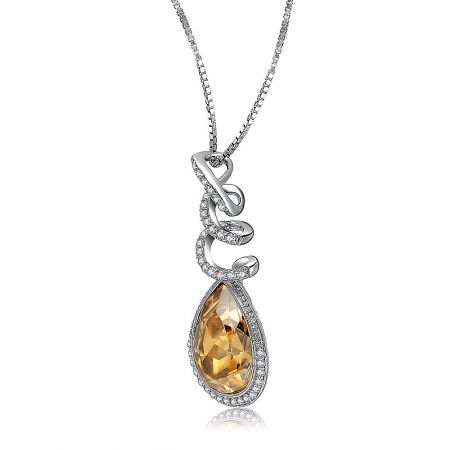 Side profile of the Swarovski pear-shaped pendant necklace on a silver chain.