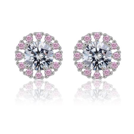 Rhodium Round Pink Cubic Zirconia Earring - A pair of Rhodium Round Pink Cubic Zirconia stud earrings, crafted from 925 sterling silver, showcasing a central clear stone surrounded by smaller pink gemstones.