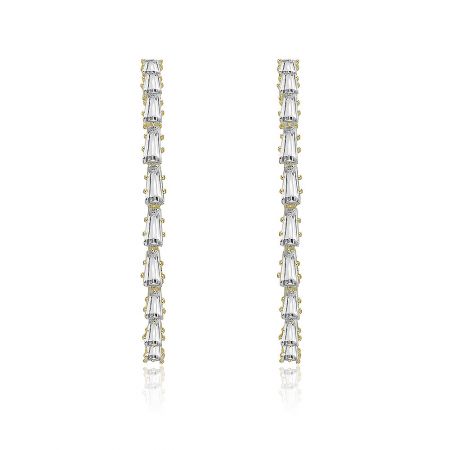 Brilliant 45MM Gold Plated Hoops Earrings with Rectangle CZ Stone - A close-up of the Brilliant 45MM Gold Plated Hoop Earrings, showcasing the clear, rectangular-cut cubic zirconia stones set in the gold-plated brass hoop.