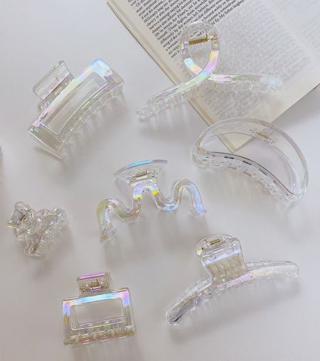 Wholesale Transparent Mermaid Color Acrylic Hair Clip - A set of wholesale transparent acrylic hair clips with a captivating mermaid-like iridescent finish, displayed on a clean white background.