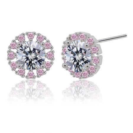 Close-up detail of the pink and clear cubic zirconia arrangement on the rhodium-plated stud earrings.