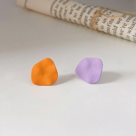 Matte Enamel Different Color Irregular Shape Stud Earrings (5 pairs) - A set of matte enamel stud earrings in irregular shapes, featuring one vibrant orange pair and one deep purple pair on a clean white background.