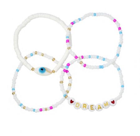 4Pcs/Set Evil Eye Bead Bracelet Set - A vibrant set of four colorful beaded bracelets, including one with 'DREAM' in gold letters and another featuring a protective blue evil eye charm.