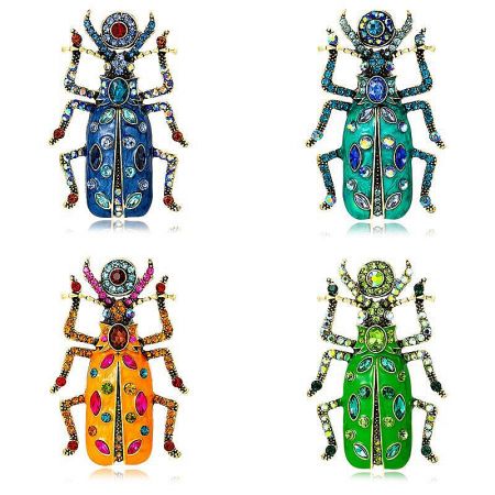 Vintage Beetle Insect Brooch Pin Set (5 pcs) - A set of vintage-style beetle insect brooch pins in various colors, each intricately designed with sparkling gemstones.