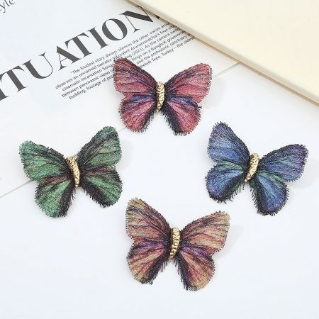Gradient Embroidered Vintage Butterfly Brooch (Set of 5) - A set of four Gradient Embroidered Vintage Butterfly Brooches in blue, green, pink, and multicolor, showcasing detailed wing embroidery and gold bodies.