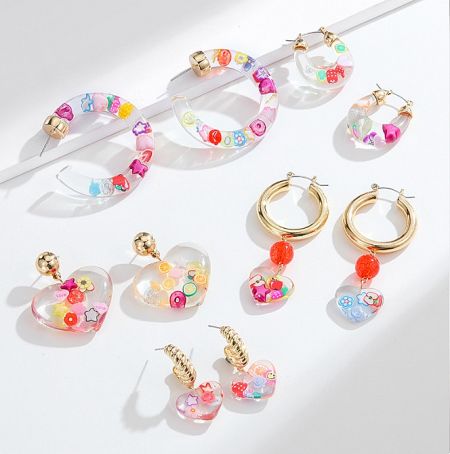 Korean Fashion Fruit Acrylic Cute Earrings - A vibrant collection of Korean fashion fruit acrylic cute earrings, featuring clear resin with colorful embedded charms, displayed on a white background.