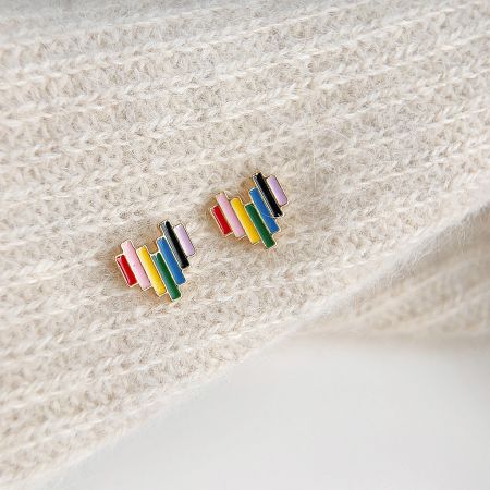 Gay Pride Rainbow Enamel 14k Gold Plated Heart Stud Earrings (5 Pairs Set) - A close-up of a pair of Gay Pride rainbow heart stud earrings, showcasing the vibrant striped enamel colors on the 14k gold plated brass.