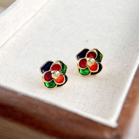 Wholesale 14k Gold Plated Multi-Color Enamel 3D Flower Stud Earrings (5 Pairs) - A pair of 14k gold plated 3D flower stud earrings with vibrant, multi-color enamel petals, displayed on a neutral background.