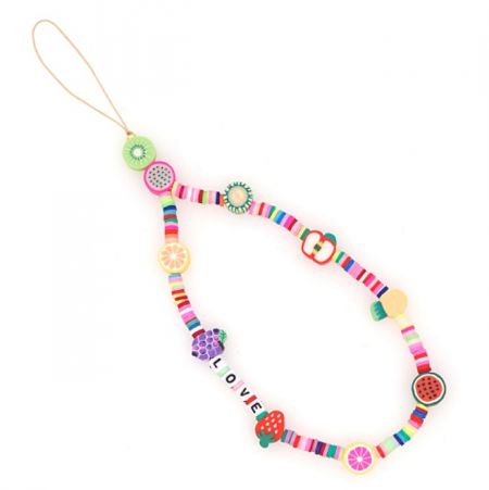 A vibrant beaded phone strap featuring fruit-shaped beads and 'LOVE' lettering.