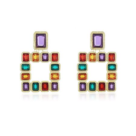Bridal Multi Color Large Earrings - Bridal Multi Color Large Earrings (JRE-011), a pair of gold-plated earrings with colorful gemstones in a geometric square design.
