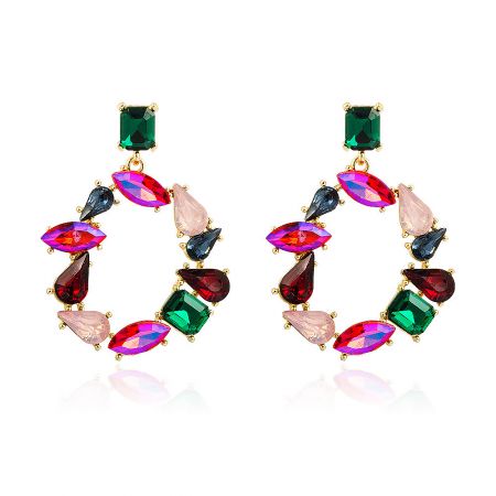Round Drop Colorful Earrings - A pair of Round Drop Colorful Earrings (JRE-014) made of gold-toned metal, featuring a square-cut green stone at the top and circular arrangements of pink, red, green, and black gemstones.